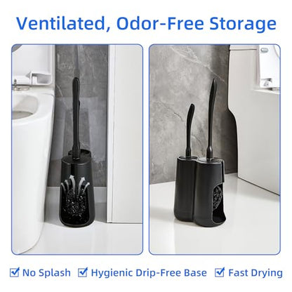 Toilet Brush and Holder Set with Pumice Stone Toilet Bowl Cleaner | Long-handle Scrubber with Ventilated Holder and Pumice Stone for Hard Water Stains, Limescale and Toilet Rings - color: Black