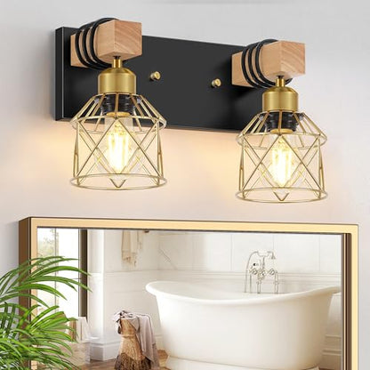 FadimiKoo Rustic Style Wood Bathroom Wall Sconces, 2-Light Black Gold Bathroom Vanity Light Fixtures with Metal Shade, Light Fixtures Wall Mount for Living Room, Hallway, Dressing Table - color: Black & Gold, size: 2-Lights
