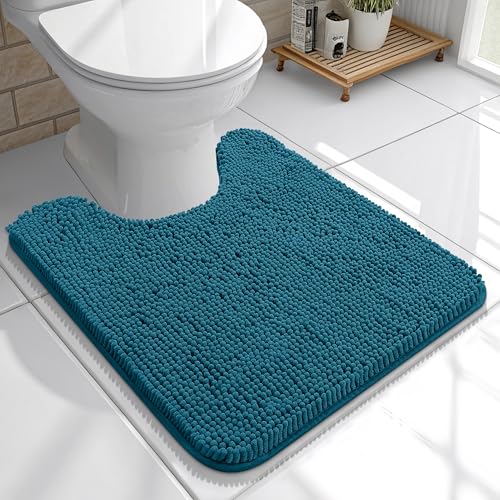 OLANLY Toilet Rugs U-Shaped 20x20, Soft Absorbent Chenille Contour Rugs | Peacock Blue, Quick-Drying Rubber Backing, Machine Washable Non-Slip Shaggy Bathroom Mat for Toilet, Home Decor Accessories - color: Peacock Blue, size: 20" X 20" Contour Rug