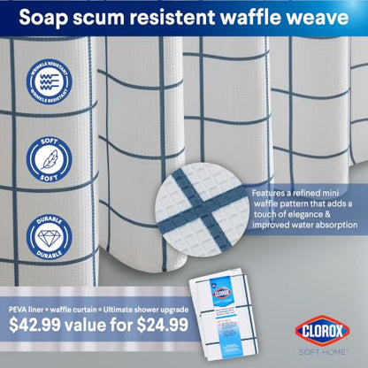Clorox Bathroom Waffle Windowpane Pattern Shower Curtain with Waterproof Lightweight PEVA Liner Set, Standard Size, Metal Grommets, No Hooks 72" x 72" - 2 Pc Set - Navy Blue w Frosty PEVA - color: Navy Waffle Windowpane - Standard