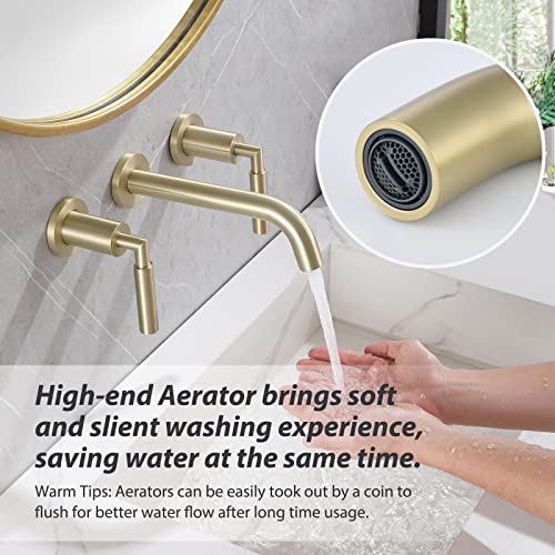 RBROHANT Gold Wall Mount Faucet with Pop up Drain Set for Sink Without Overflow, Brushed Gold Dual Handle Wall Mounted Bathroom Sink Faucet, Brass Rough-in Valve Included, RB0736D - color: Brushed Gold, style: Lever Handle Faucet with Drain