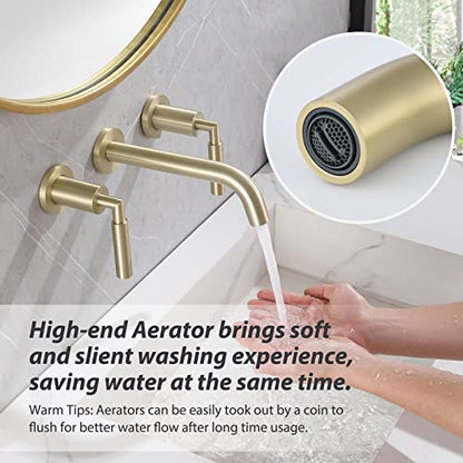 RBROHANT Gold Wall Mount Faucet with Pop up Drain Set for Sink Without Overflow, Brushed Gold Dual Handle Wall Mounted Bathroom Sink Faucet, Brass Rough-in Valve Included, RB0736D - color: Brushed Gold, style: Lever Handle Faucet with Drain