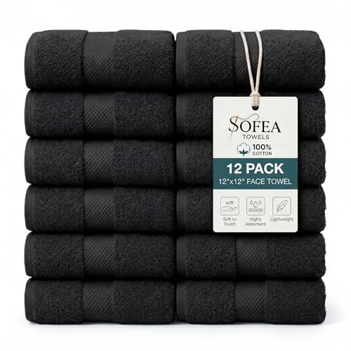 Sofea 100% Cotton Washcloths Set of 12, (12 x 12 Inch) 520 GSM Wash Cloths, Extra Soft Absorbent Quick Dry Face Towels - color: Black
