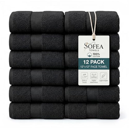 Sofea 100% Cotton Washcloths Set of 12, (12 x 12 Inch) 520 GSM Wash Cloths, Extra Soft Absorbent Quick Dry Face Towels - color: Black
