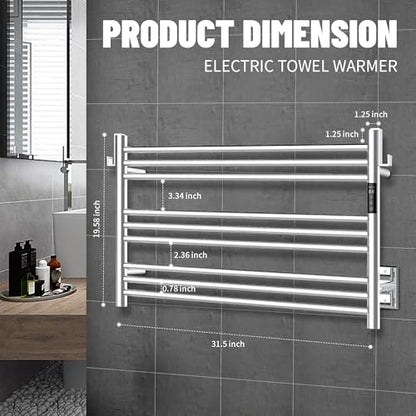 K&KALONZO Wall-Mounted 9-Bar Heated Towel Rack, Fast Heat in 2 Min, NTC Safety | 4 Timers & 3 Heat Levels Control, Plug-In/Hardwired, Top Hooks, Memory Function, Anti-Scald, Stainless Steel, EL13MP - color: Polished, size: H 19.7 x W 31.5