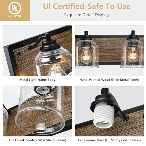 16" 2-Light Farmhouse Bathroom Vanity Light with Bubble Glass, Brown | Farmhouse Rustic style, Metal base with hand-painted wood grain, E26 Ceramic Base(no bulb), UL&ETL, mount up/down,over mirror - color: Brown, size: 2-Light