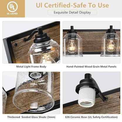 16" 2-Light Farmhouse Bathroom Vanity Light with Bubble Glass, Brown | Farmhouse Rustic style, Metal base with hand-painted wood grain, E26 Ceramic Base(no bulb), UL&ETL, mount up/down,over mirror - color: Brown, size: 2-Light