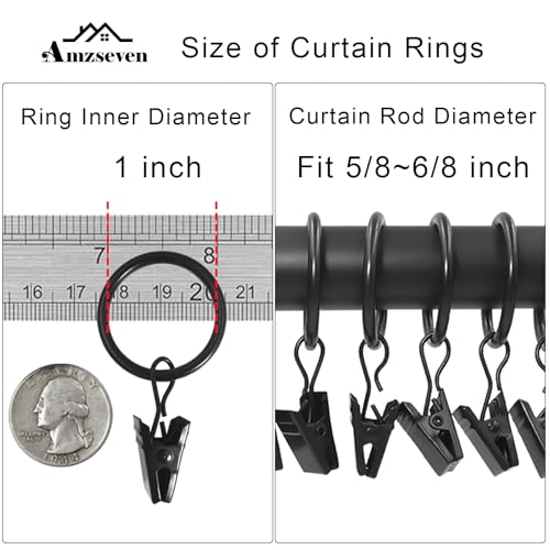 44 Pack Metal Curtain Rings with Clips, Drapery Clips with Rings, Drapes Rings 1 inch Inner Diameter, Fits Diameter 5/8 inch Curtain Rods, Black - color: Black, size: 1" I D 44 Pack