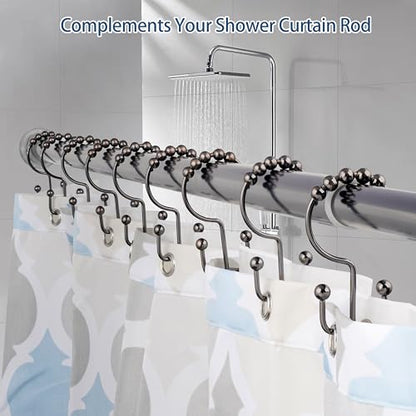 DAWNER Shower Curtain Hooks Rings, Rust Proof Hooks, Metal Easy Glide Double Shower Rings Hooks, Stainless Steel Shower Curtain Hangers for Bathroom Shower Curtains, Set of 12 Hooks, Brushed Bronze - color: Brushed Bronze