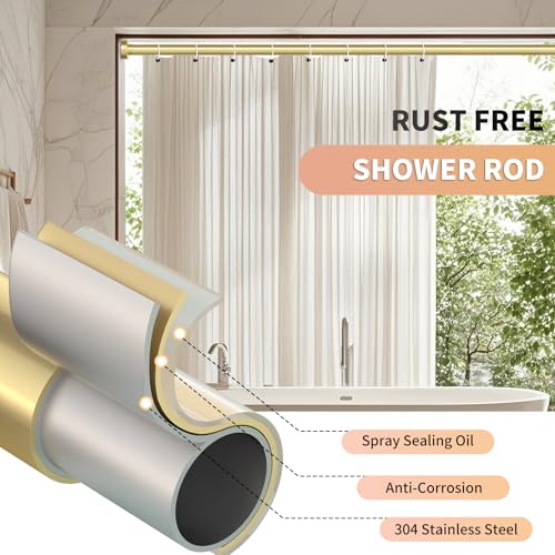 Gold Shower Curtain Rod 34-66 Inches(2.8-5.5ft) Never Rust Adjustable Shower Rod Spring Tension Non Slip No Drilling Shower Rods for Bathroom Garland Window - color: Gold, size: 34“-66”