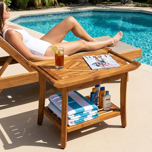 Teak Shower Bench Stool Seat, w/Leveling Feet, Waterproof, Teak Oil Finish | Xtra-Comfortable, 25” Wide 19” Tall 14” Deep, for Indoor/Outdoor Shower, Front Entrance, Spa, Sauna, Pool Deck, Patio, Garden