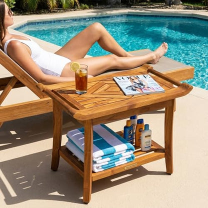 Teak Shower Bench Stool Seat, w/Leveling Feet, Waterproof, Teak Oil Finish | Xtra-Comfortable, 25” Wide 19” Tall 14” Deep, for Indoor/Outdoor Shower, Front Entrance, Spa, Sauna, Pool Deck, Patio, Garden