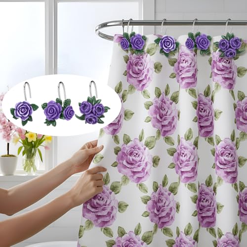 12 Pcs Purple Rose Shower Curtain Hooks Cute Purple Rose Decorative Curtain Rings Bulk Hanger Stainless Steel Resin Spring Flowers Themed Hooks for Bathroom Bedroom Living Room Home Decor - style: Purple Rose