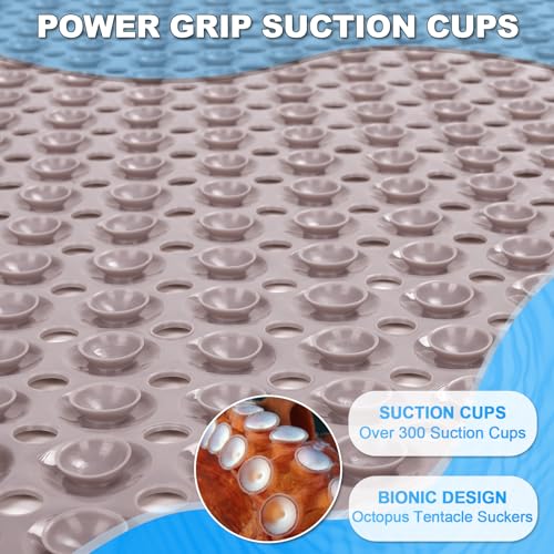Bathtub and Shower Mats, 40x16 Inch Extra Large Non Slip Soft Bath Tub Mat with Suction Cups and Drain Holes for Bathroom Floor and Keep Tubs Clean, Machine Washable, Tan - color: Tan