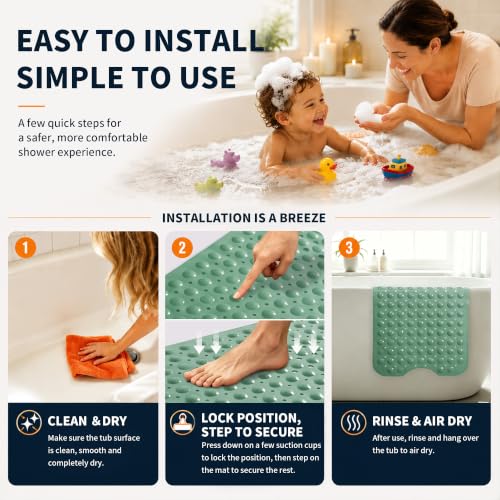 Yimobra Non Slip Bathtub Mat 40 x 16 Inch, Extra Long Shower Mat with Drain Holes, Machine Washable Baby Bath Mats, Strong Suction Cups for Bathroom Floor, Green - color: Green