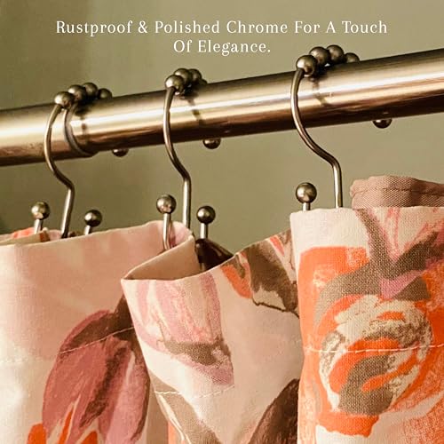 2lbDepot Double Sided Shower Curtain Hooks, Decorative Brushed Nickel Shower Curtain Hooks Rust Proof, Premium Stainless Steel Metal Hooks, Easy Glide Rollers, Set of 12 Curtain Rod Rings - color: Brushed Nickel
