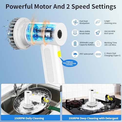 3000mAh Cordless Electric Spin Scrubber for Kitchen Bathroom Car | 20W High-Torque IPX7 Waterproof Cleaning Brush with 6 Replaceable Heads, Dual Speed 150-180 Mins Runtime - size: S2 M
