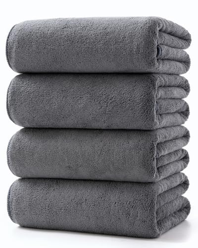 Lumimi Towels 4 Soft Microfiber Bath Towel Set Salon Gym Yoga Travel Super Absorbent Light Dry Fast Durable, 55" L x 27" W, 4 Piece Dark Grey - color: Dark Grey, size: 4 Bath Towels