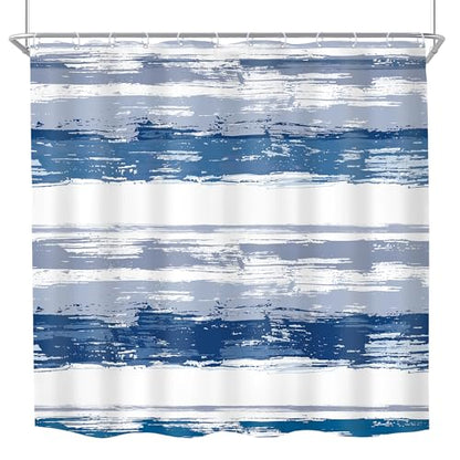 Abstract Navy Blue Modern White Gray Striped Bathroom Shower Curtain Set | 72Wx72H Watercolor Painting design, waterproof HD print with fast-drying fabric and 12 hooks. - color: B1-navy Blue, size: 72"W x 72"L (Pack of 1)