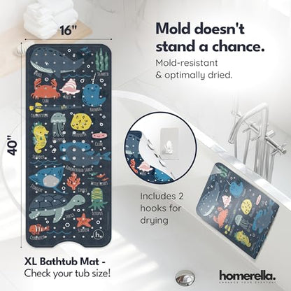 homerella Bathtub Mat Non Slip Kids 40x16 Baby Bath Mat Non Slip Anti Mold | 100% BPA Free, Non Toxic, Mildew Resistant, Machine Washable, Extra Long Kids Bath Mat for Tub Non Slip, Toddler Bath Mat - color: Navy Underwater Abc, size: 40" x 16" (Rectangul