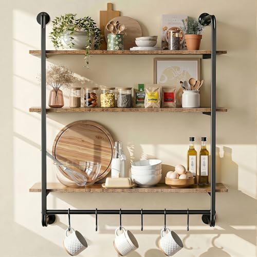 3 Tier Industrial Pipe Floating Shelf, 31.5" Kitchen Wall Shelves | with Towel Bar & 6 Hooks, Coffee Bar Shelves Display Bookshelf Wall Shelf for Kitchen, Bathroom, Home Décor, Rustic Brown - size: 31.5 Inch（3 Tier）