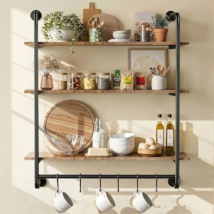 3 Tier Industrial Pipe Floating Shelf, 31.5" Kitchen Wall Shelves | with Towel Bar & 6 Hooks, Coffee Bar Shelves Display Bookshelf Wall Shelf for Kitchen, Bathroom, Home Décor, Rustic Brown - size: 31.5 Inch（3 Tier）