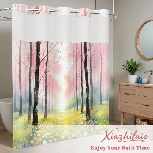No Hook Woodland Shower Curtain with Snap in Liner, 71x74 Inch | Mesh Top & Double Layer Waterproof Bath Curtain, Whimsical Pink Blossom Trees & Wildflower Meadow Design for Girls Bathroom - color: Trees and Wildflowers