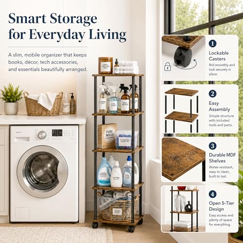 5-Tier 50.4" Tall Rustic Brown Bathroom Shelving Unit with Wheels | Wood Finish, Metal Frame, Rolling Narrow Open Shelf Design, for Laundry Room, Kitchen, Living Spaces, Easy to Move - color: Rustic Brown, size: 5-Tier