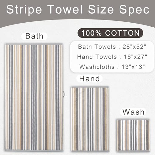 VOOVA & MOVAS Striped Towels 6 Pack, 100% Cotton, Gray Beige | All-Around Bathroom Use, Available in 13x13, 16x27, 28x52 In, Quick Dry, Soft, Absorbent, Bath Towels with Hanging Loops - color: Beige + Gray Striped, size: 6 PCS Bathroom Towels