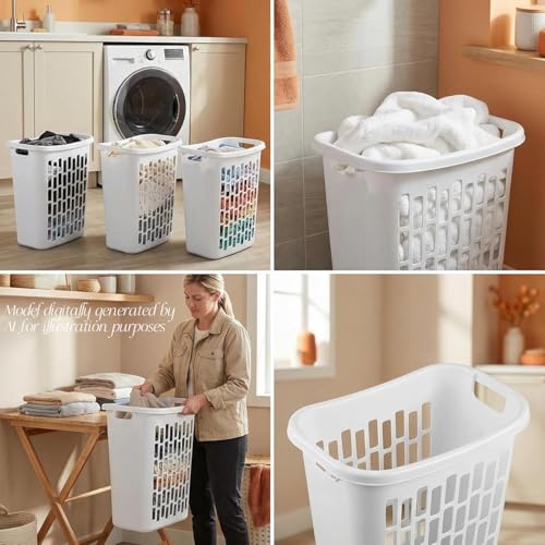 3-Pack 1.8 Bushel Slim Plastic Laundry Hamper W/Reinforced Handles, White | Durable plastic build Open top design for quick toss-in & easy access.in bedroom, bathroom & laundry room.