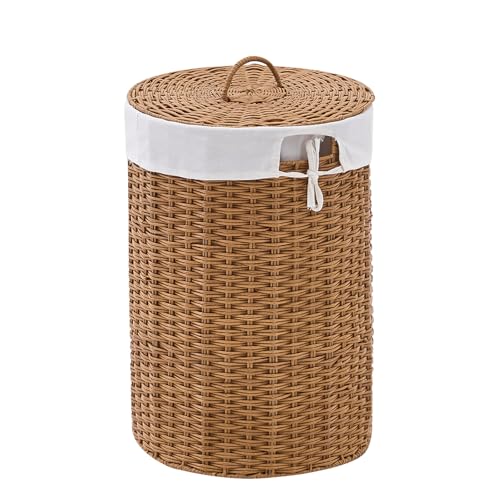 Round Wicker Laundry Hamper with Lid Handwoven Rattan Basket with Handles for Dirty Clothes, 2 Washable Liner Bags, No Assembly Required, Washable Basket, 60L - color: Rattan, size: 60L