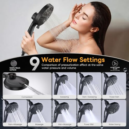 High Pressure Handheld Shower Head Matte Black- Anti-clog Nozzles, Built-in Power Wash to Clean Tub, Wall & Overhead Brackets,Magnetitc Rainfall Showerhead hand held - color: Black