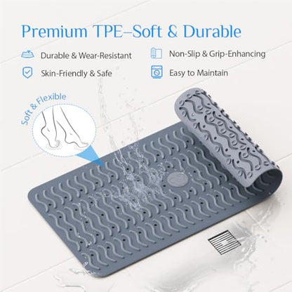 Non Slip Bathtub Mat & Shower Mat, 31x15'' Anti Slip Bath Mat for Tub, Soft TPE Anti-Skid Bathroom Mat with 194 Suction Cups & Drain Holes, Wave-Textured Grip, Machine Washable, Grey - color: Grey
