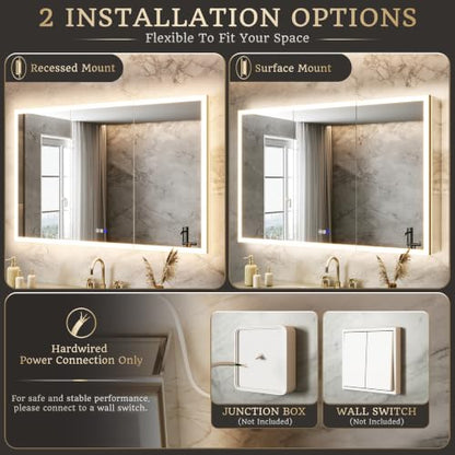 48x32 Lighted Medicine Cabinet, Separate Front & Back Lights | Surface/Recessed LED Medicine Cabinet for Bathroom with Side Mirrors, Dimmable Light, Anti-Fog, Memory,Silver Aluminum Frame - size: 48" x 32"