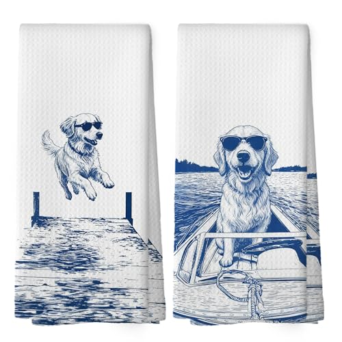 Lake House Decor Golden Retriever Kitchen Towels Set of 2, Summer Funny Lake Dog Coastal Bathroom Hand Towel, Dog Lover Gifts Tea Towel Dish Towels 16x24 Inch - color: Golden Retriever