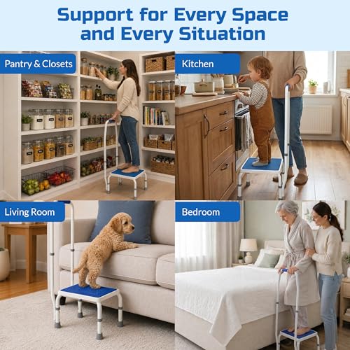 Platinum Health AdjustaStep BARIATRIC Deluxe Step Stool/Footstool with Handle/Handrail, Height Adjustable. 2 Products in 1. Modern White/Blue Design. Padded Non-Slip Handle. 750lb Capacity. - size: 750 lb. Capacity - 1 Step