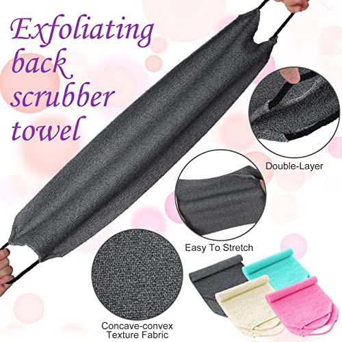 Moukeren Exfoliating Back Scrubber with Handles 4 Pack Nylon Back Exfoliator Extended Length Washers Scrubbers Stretchable Pull Strap Exfoliating Washcloth(Dark Blue, Gray, Beige, Pink) - color: Dark Blue, Gray, Beige, Pink