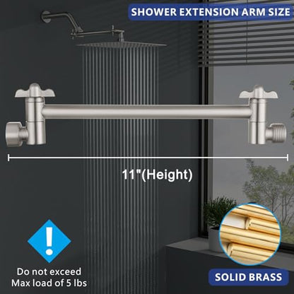 Voolan 11 Inch Shower Extension Arm with Lock Joints, Adjustable Height and Angle, Premium Solid Brass Anti-leak (Brushed Nickel) - color: Brushed Nickel