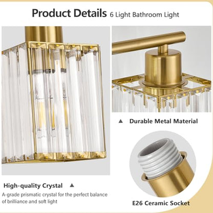 6 Light Bathroom Light Fixtures, Modern Crystal Vanity Lights over Mirror | Metal Frame, Bathroom Light with Square Crystal Shade, ETL Certified, E26 Ceramic Socket, Bulbs Not Included - color: Gold, size: 6-Light