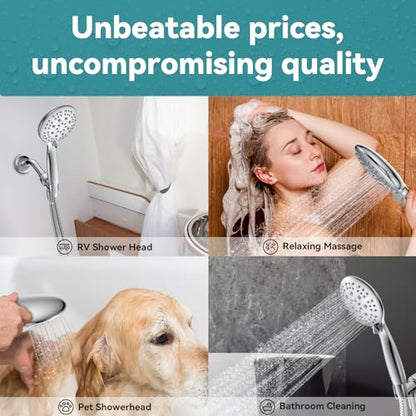 High Pressure Shower Head with Handheld, JDO 6 Spray Settings Handheld Showerhead, 4.3" High Flow Rain Showerhead Set with 59" Stainless Steel Hose and Adjustable Bracket for Bathroom, Gym, Hotel | 4.3-inch high flow head, 59-inch stainless steel hose, ad
