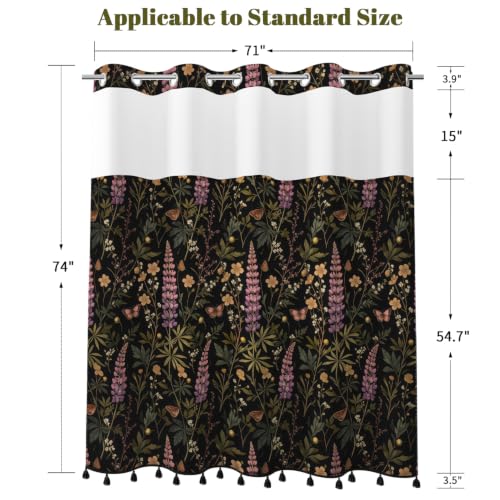 Dark Botanical No Hook Shower Curtain with Snap in Liner & Tassels | Double Layer Waterproof Bath Curtain with Mesh Top, Green Plant & Lavender Floral Design for Boho Farmhouse Bathroom, 71Wx77L - color: Wild Plant