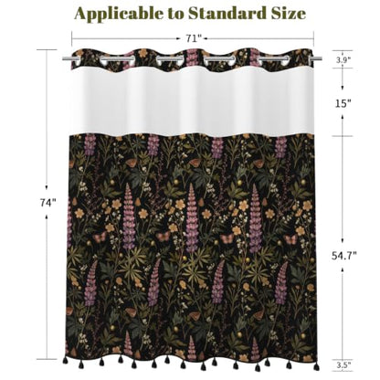 Dark Botanical No Hook Shower Curtain with Snap in Liner & Tassels | Double Layer Waterproof Bath Curtain with Mesh Top, Green Plant & Lavender Floral Design for Boho Farmhouse Bathroom, 71Wx77L - color: Wild Plant