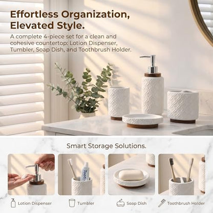 RQYIXI Ceramic 4-Piece Bathroom Accessories Set,White | Countertop Essentials Embossed Textured Design Solid Wood Non-Slip Detail Pearl White Finish - color: White, size: Embossed Textured-4-Piece