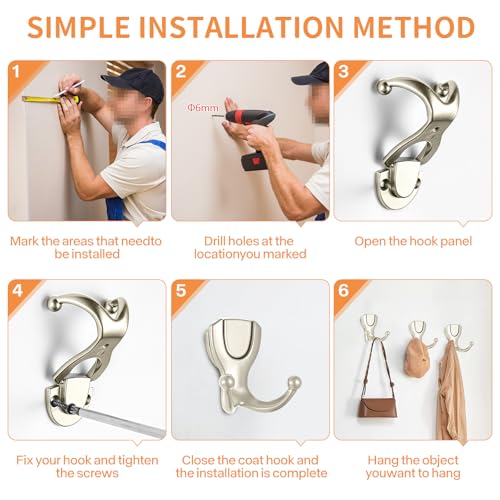 Coat Hooks Wall Mount: Flip Lid Conceals Screws & Double Hooks, Heavy Duty Wall Hooks, Damage-Resistant Clothing Design, Towel Hooks for Bathroom Living Room to Hang Coats Hats Keys (4, Silver) - color: Silver