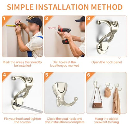 Coat Hooks Wall Mount: Flip Lid Conceals Screws & Double Hooks, Heavy Duty Wall Hooks, Damage-Resistant Clothing Design, Towel Hooks for Bathroom Living Room to Hang Coats Hats Keys (4, Silver) - color: Silver