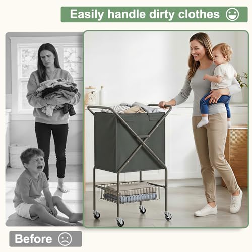 Laundry Basket with Wheels:88L Rolling Laundry Cart Foldable Metal Frame Dirty Clothes Laundry Hamper 36"H 4 Caster 2 Brake Waterproof Removable Liner Carry Handle for Dorm Laundry Room,Gray - color: Gray