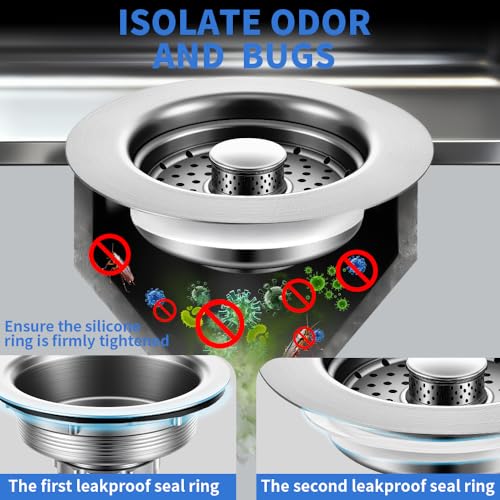 Sink Drain Strainer - Sink Stopper, 3-in-1 Kitchen Stainless Steel Drain Plug with Anti-Clog Basket, Pop-Up Cover