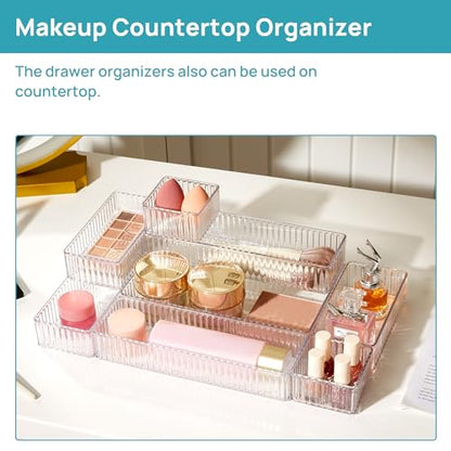 Vtopmart 7 PCS Clear Makeup Drawer Organizers Bins, 4-Size Stackable Makeup and Vanity Organizer Trays, Acrylic Bathroom Storage Containers for Cosmetic, Toiletries, Office Supply, Utensils, Gadgets | Vanity Organizer Trays for Makeup, Cosmetics, Jewelry,