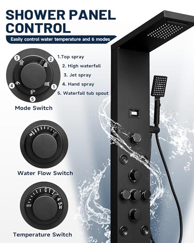 5 IN 1 Shower Panel Stainless Steel Shower Tower Panel System Matte Black | Rainfall Waterfall Shower Head with Handheld Shower Massage Body Jets with Tub Spout Shower System by Homevacious - color: Matte Black, style: 5 In 1 Shower Panel