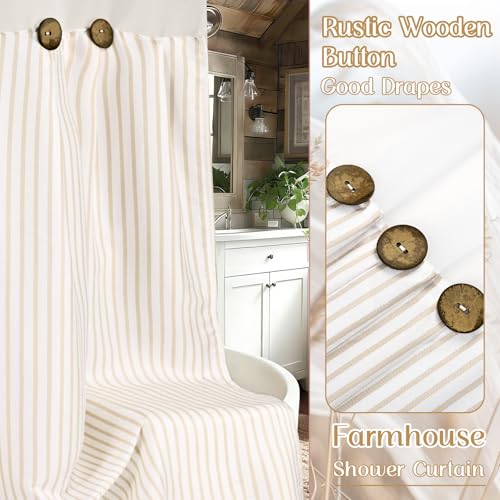 ASPMIZ Farmhouse Striped Shower Curtain and Liner Set No Hook, Beige 71x86 | No Hook Shower Curtain with Snap in Liner Fabric, Rustic Washable Waterproof Bathroom Curtains with Button, Mesh Top Window - color: Beige Striped, size: 71"W x 86"L (Pack of 1),